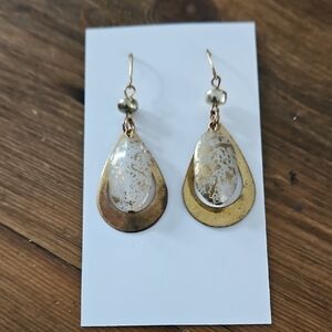 Gold Teardrop Dangle Earrings with White Speckled Accent